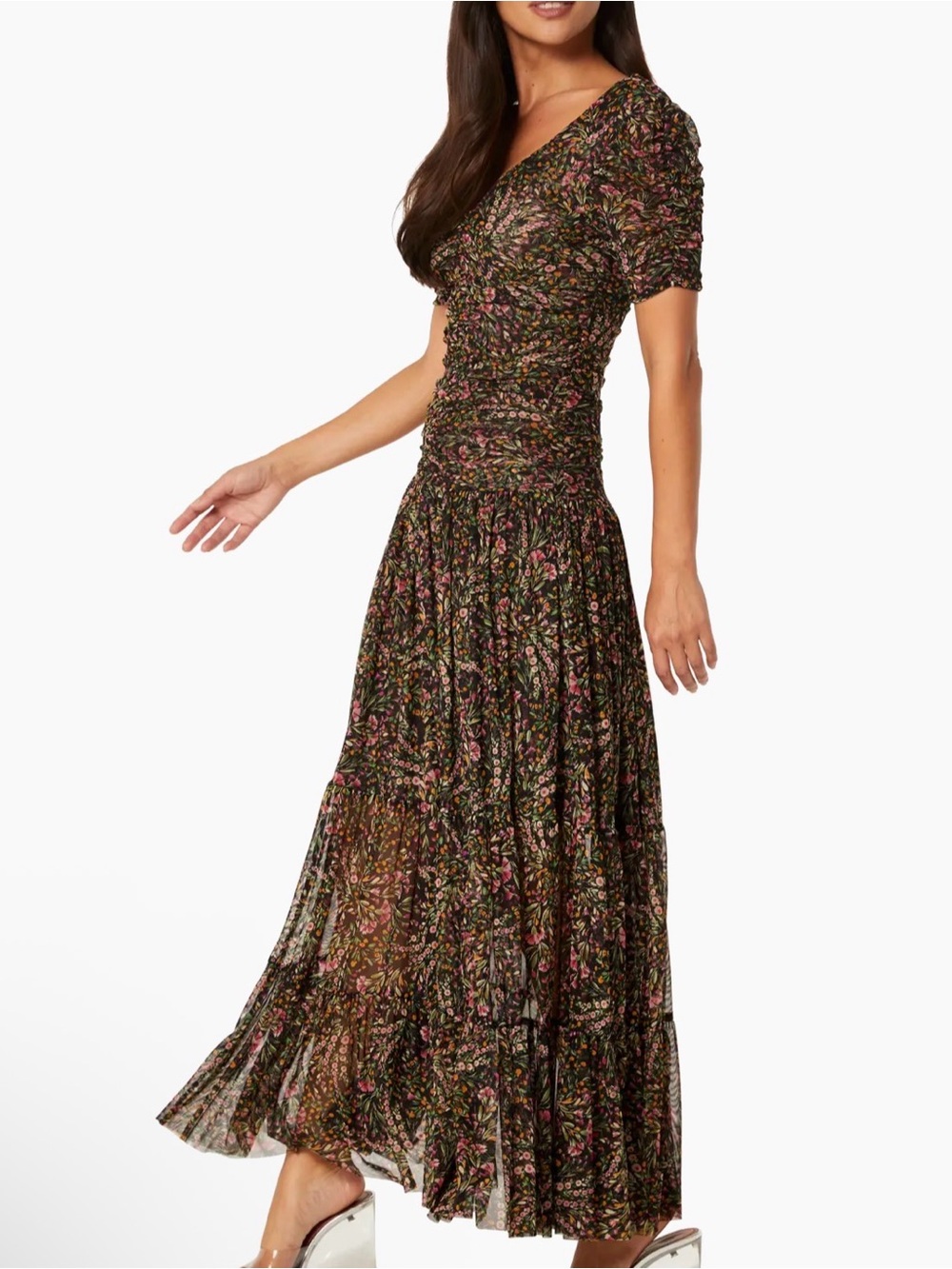 Misa Los Angeles Black Maxi Skirt Dress with Pink & Green Floral Print